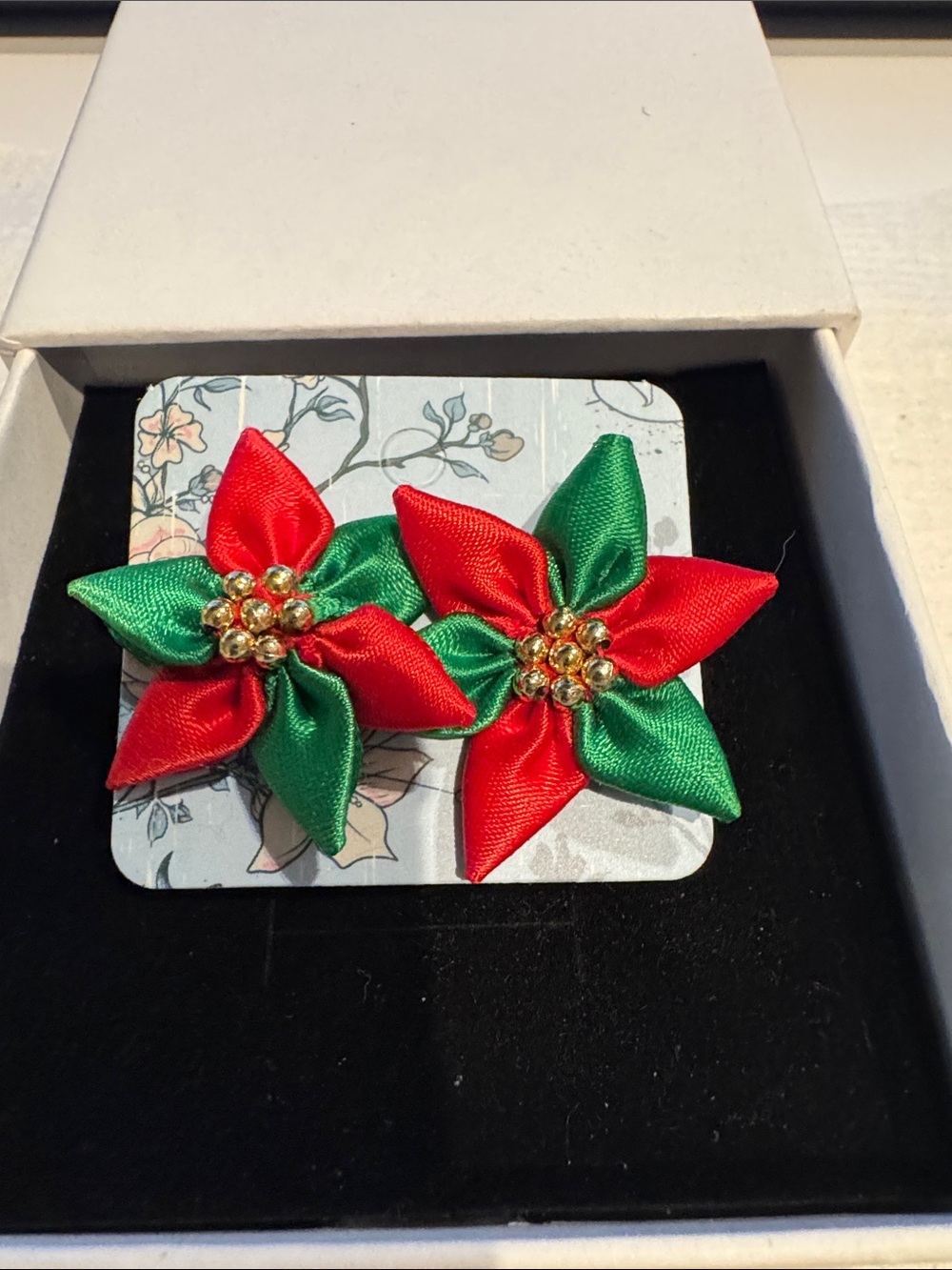 Red & Green Satin Poinsettia Flower earrings- Holid